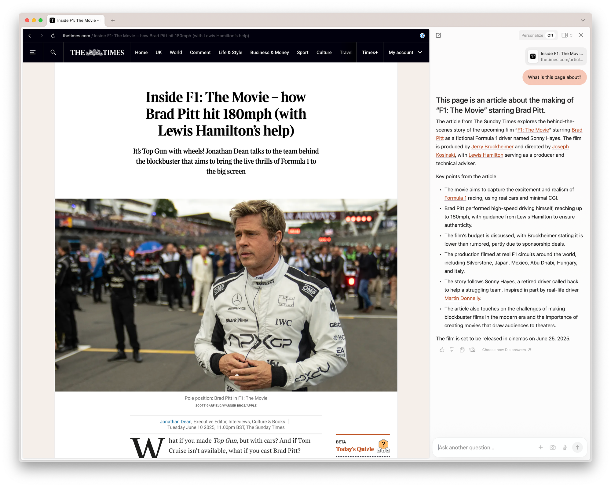 A screenshot of the Dia browser summarizing an article about the new F1 movie.